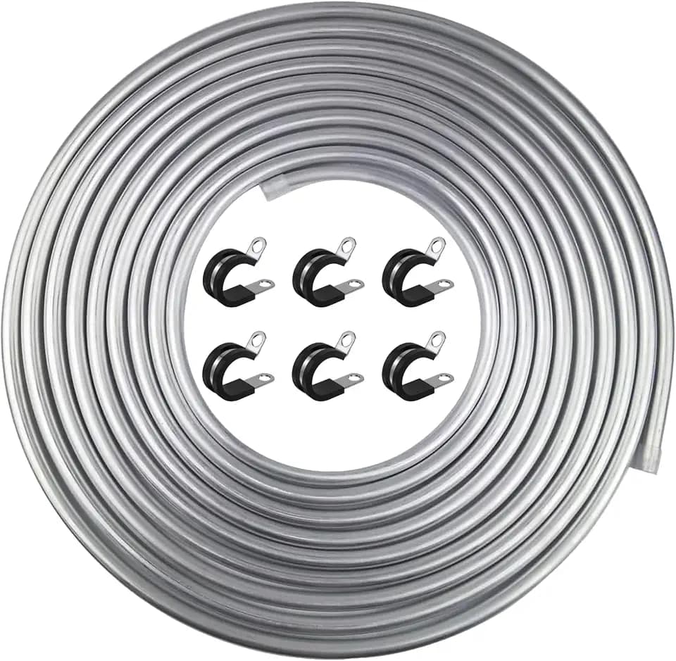 3/8" OD Fuel Line, 25FT Transmission Line, 3003 Grade Aluminium Tubing with 6 Clamps/Holders for Brake Line, Metal Gas Line, Refrigeration Equipment