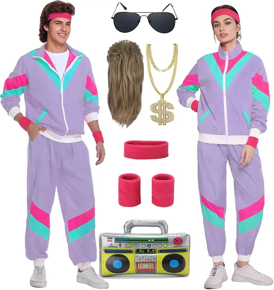 80er Jahre Kostüm Herren Damen 80er 90er Jahre Outfit mit 80er Jahre Gürteltasche 80er Accessoire Retro Stil Mottoparty Kostüm Trainingsanzug Anzug Kleidung