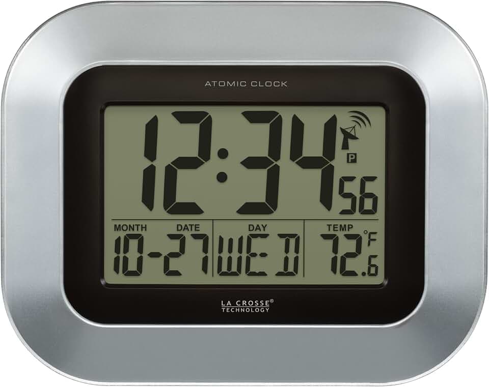 La Crosse Technology WT-8005U-S Atomic Digital Wall Clock with Indoor Temperature, Silver