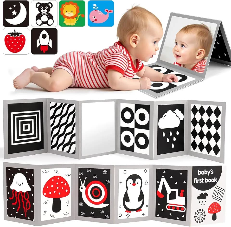Kontrastkarten Kontrastbuch Baby mit Spiegel, Schwarz Weiss Kontrast Spielzeug Baby Tummy Time Toys, Kontrastspielzeug Baby Spielzeug ab 0 3 6 Monate, Neugeborenen Geschenk zur Geburt Mädchen Junge