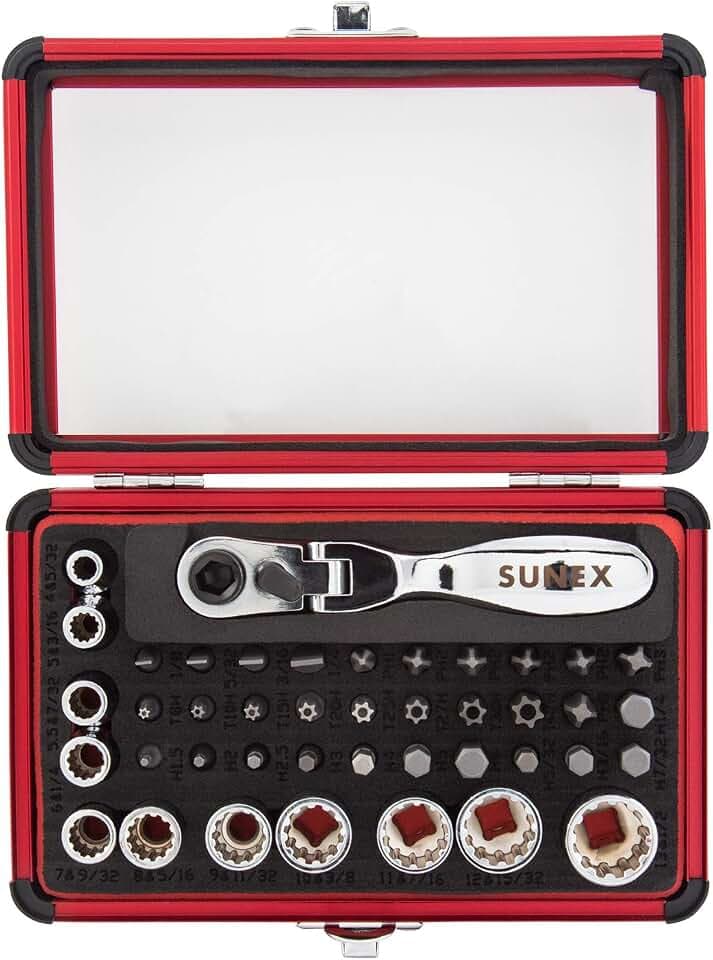 SUNEX TOOLS 9732 44Pc 1/4" Dr Mini Dual Flex Head RATCHET W Socket & Bit Set