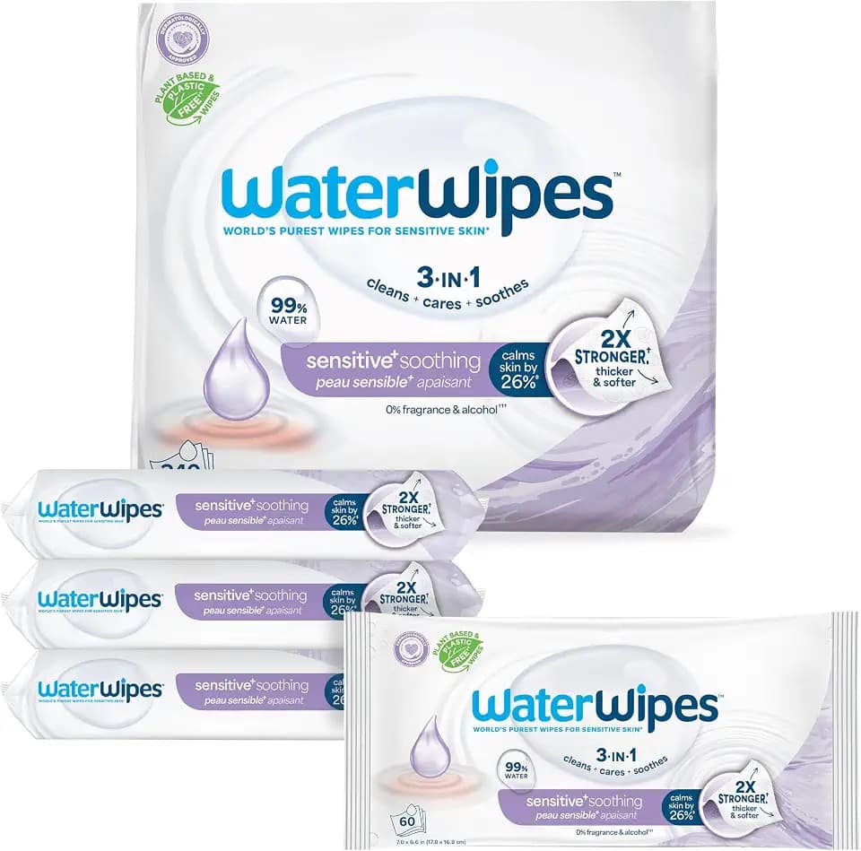 WaterWipes Sensitive+ Soothing Wipes, 3-In-1 Cleans, Cares, Soothes, 99% Water with Botanical Extract, Unscented & Hypoallergenic Baby Wipes, 360 Count (6 Packs)