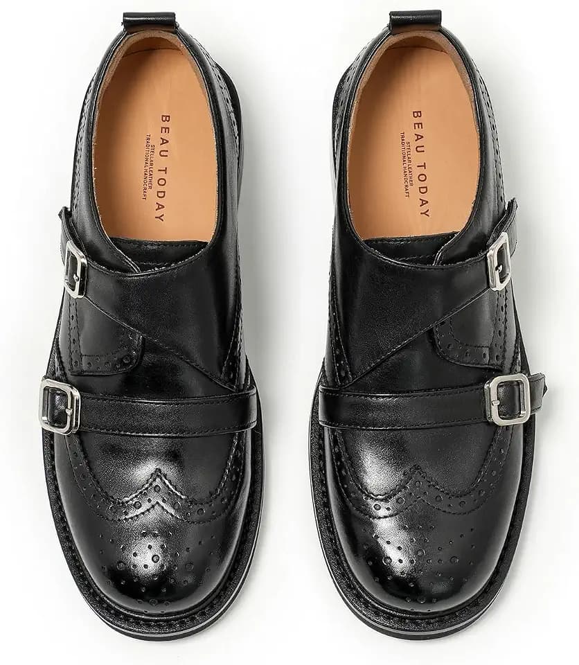 BEAU TODAY Women's Leather Loafers, Wingtip Brogue Monk Strap Shoes