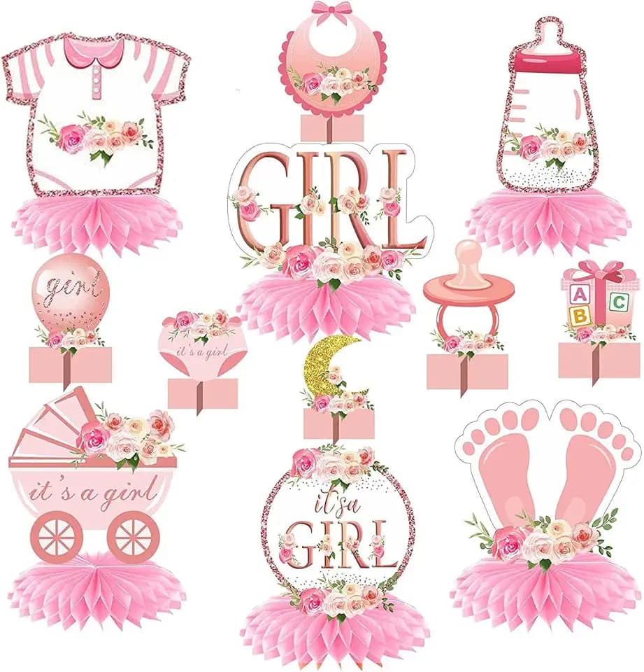12 Pcs Baby Shower Decorations - Pink Glitter Baby Shower Table Honeycomb Centerpieces Party Supplies, Girl Gender Reveal Party Table Toppers for Newborn Welcome Nursery Decor