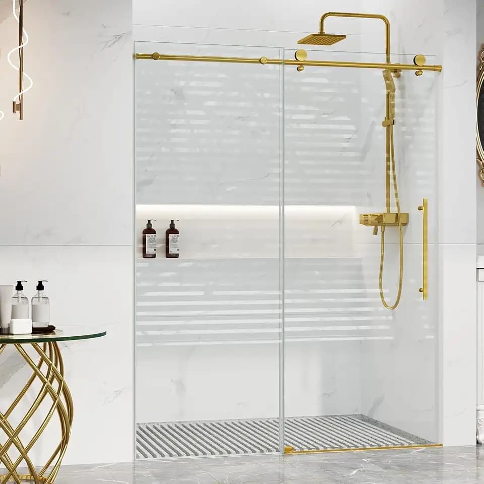 Double Sliding Shower Door 56-60" w x 75 "h Semi-Frameless Bathroom Shower Door with 5/16" (8Mm) SGCC Tempered Glass and Stainless Steel Handle for Walk-in Showers, Gold