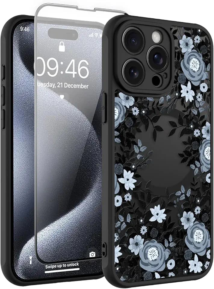 Magnetic for iPhone 15 Pro Max Case with Screen Protector, Black