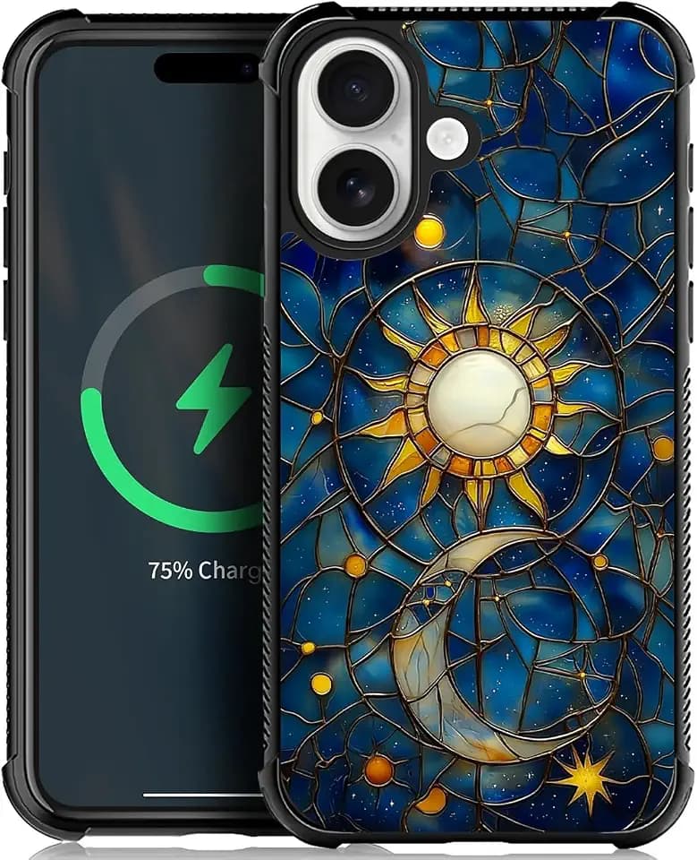 for iPhone 17 Case,Moon Stars Celestial Glass Design，[Compatible with MagSafe],All-Round Protection Shockproof Anti-Scratches TPU Cover,Cases for Woman Man