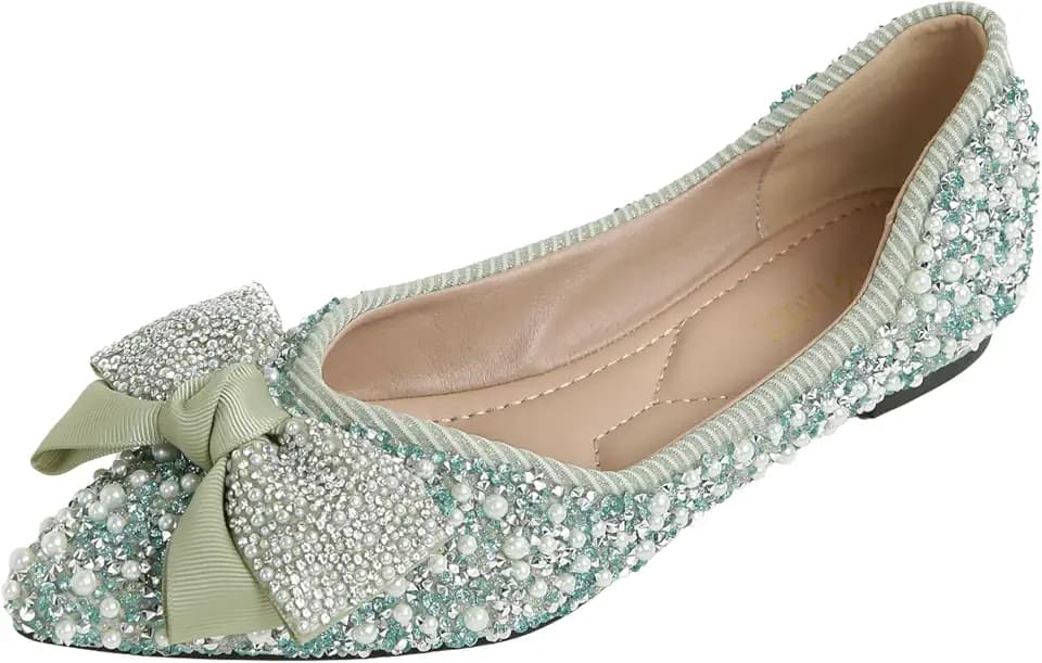 Women's Pointed Toe Rhinestone Ballet Flats, Suede Comfortable Slip On Dress Shoes for Wedding Office