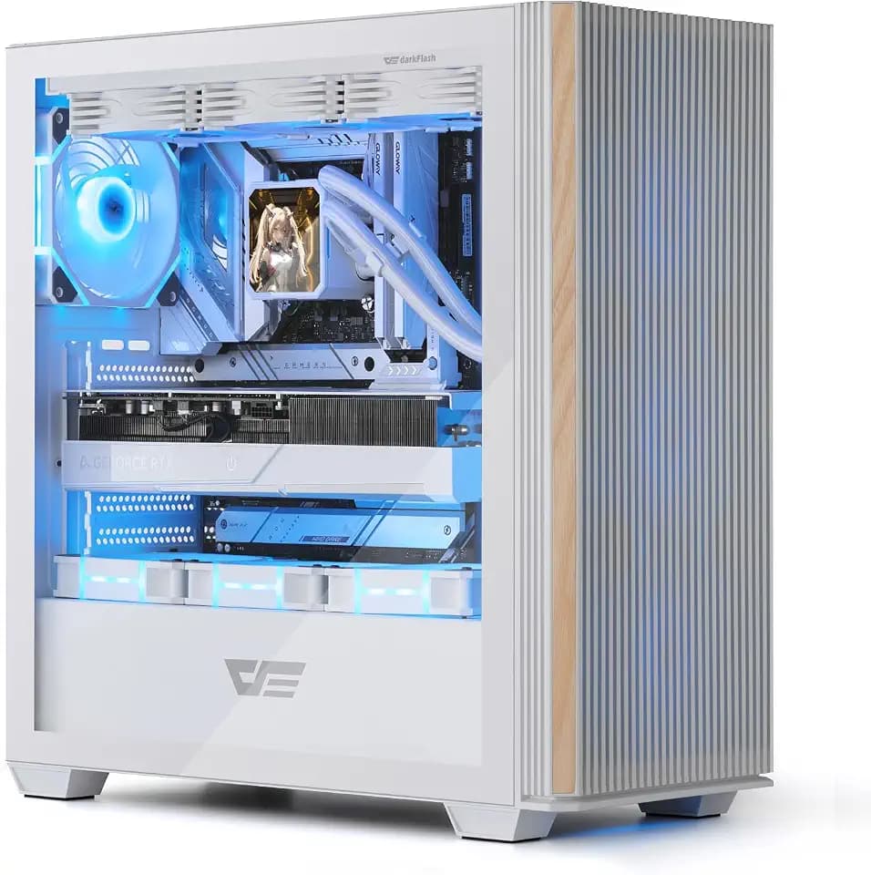 darkFlash DS900WS(2025) ATX PC Gehäuse, echtes Walnussholz, hoher Luftstrom, vorinstallierte 4x120mm PWM-ARGB-Lüfter Computergehäuse, Mid-Tower Gaming PC Gehäuse, Typ-C Port, bis zu 360 mm AIO (Weiß)