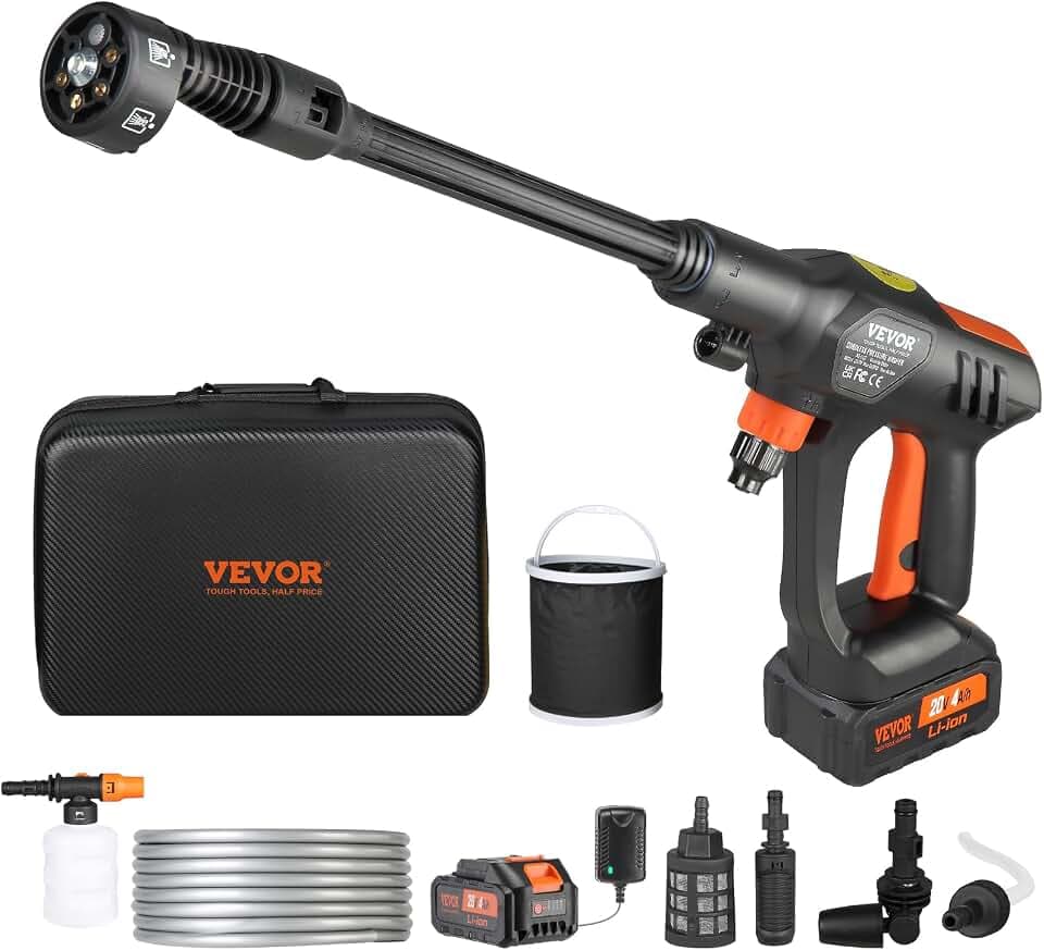 VEVOR Akku Hochdruckreiniger Kabellos Wasser Druckreiniger Spritzpistole Druckreinigerpistole (250W 21V, 50bar, zur mobilen Reinigung und Bewässerung, 4L/min, inkl. Zubehör, Ladegerät)