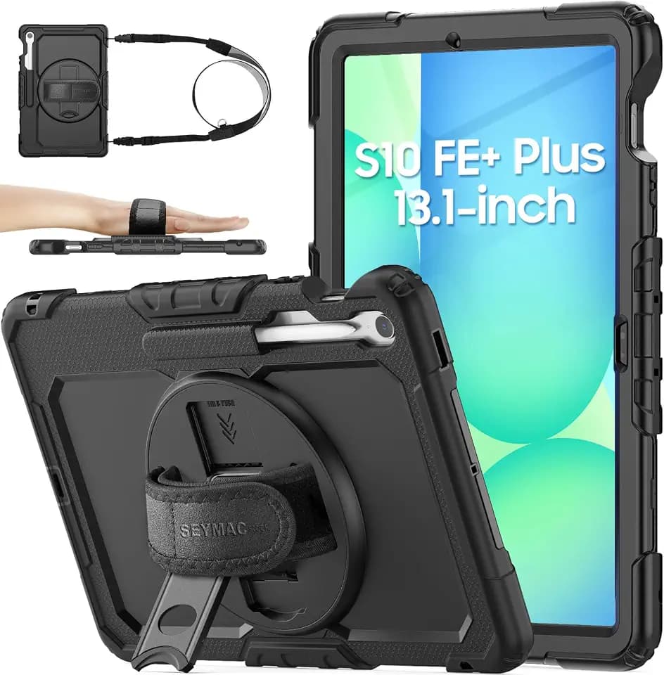 SEYMAC stock Case for Samsung Galaxy Tab S10 FE+ Plus 5G Tablet Case 13.1'' Protective with Screen Protector, Pen Holder, 360 Rotate Stand, Hand Strap, Shoulder Strap, Black1