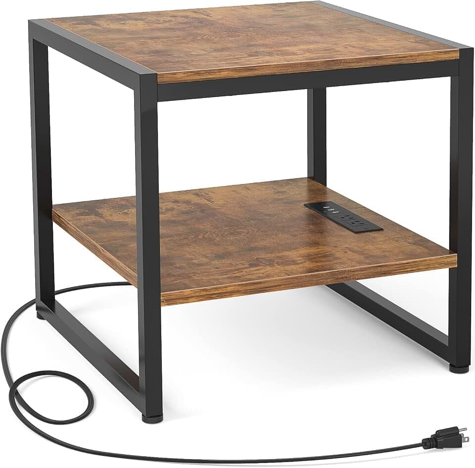 Homieasy End Table with Charging Station, Mini Fridge Stand, Rustic Brown
