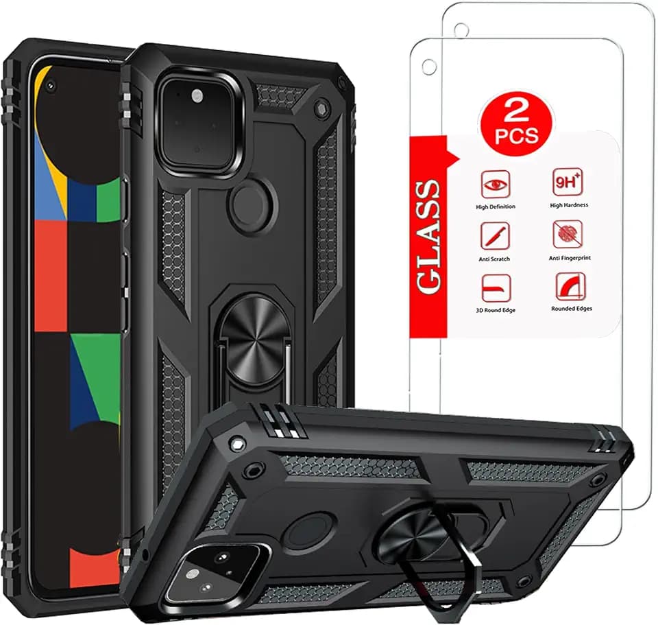 for Google Pixel 5 Case with [2 Pack] Tempered Glass Screen Protector, for Google Pixel 5 5G Case [Military-Grade] Protective，with Magnetic Kickstand Car Mount Holder Black