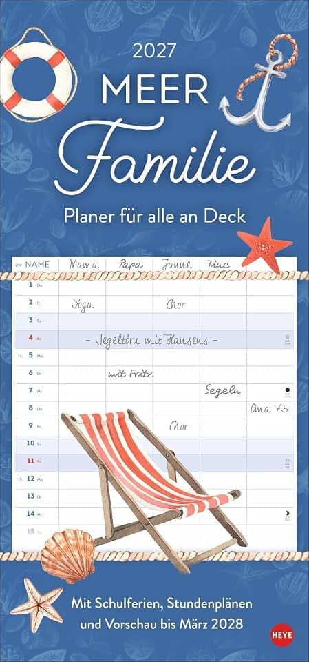 Meer Familie Familienplaner 2027 - Planer für alle an Deck: Wandkalender 2027 zum Eintragen mit maritimen Motiven. Familienkalender mit 5 Spalten Platz für alle wichtigen Termine