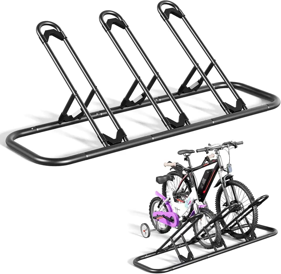 Mr IRONSTONE Bike Rack, Floor Storage Stand for Garage, Indoor/Outdoor Parking Holder, Fits Mountain, Road & Kids Cycles (Black, 3-Slot)