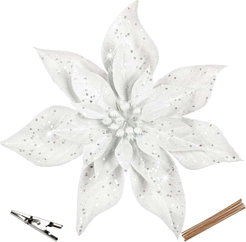 Oairse 8er-Set Künstliche Glitzernde Weihnachtsblumen, Weihnachtssterne mit Clips für Weihnachtsbaum-DIY-Dekoration, künstliche Blumen für Feiertage, Esstisch-Mittelstück, Neujahrs-Ornamente, Weiß