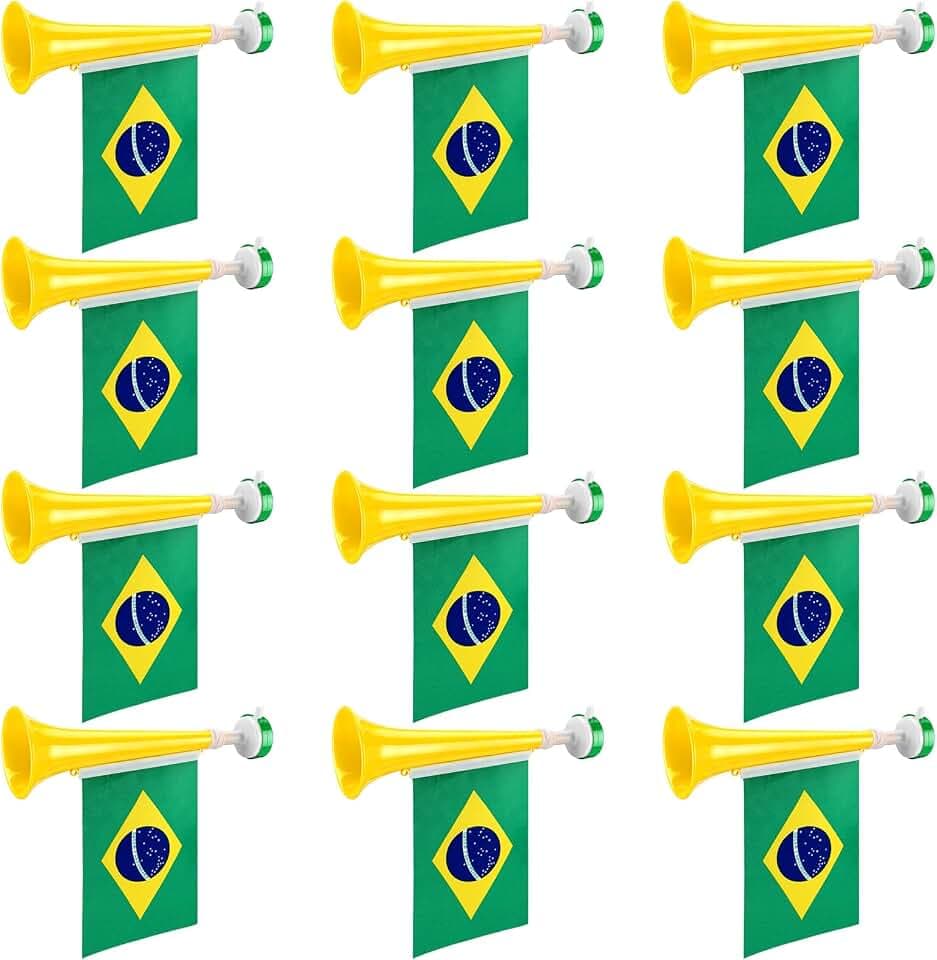 12 Pcs Brazil Stadium Horns 11 Inch Vuvuzela Horns with Brazilian Flag Plastic Trumpet Cheering up for Sporting Events Brazil Flag Noise Makers for Stadium National Sport Events Soccer Fans