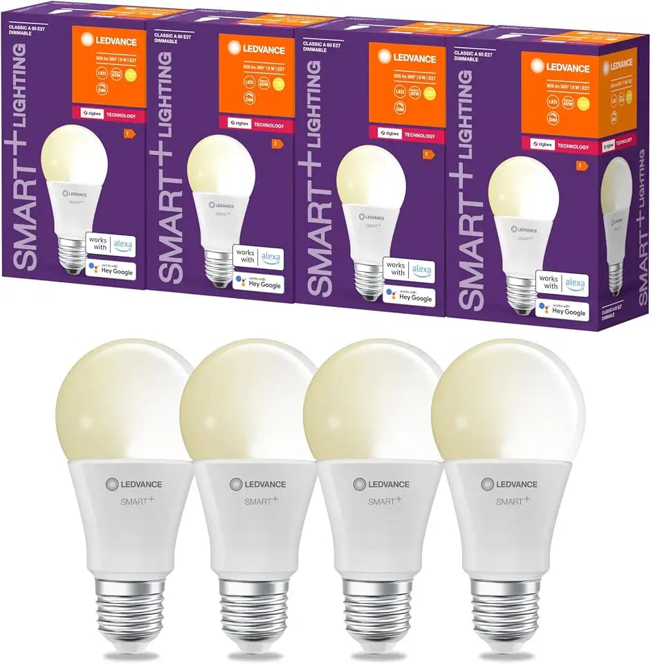 LEDVANCE Smart+ LED, ZigBee Lampe mit E27 Sockel, warmweiß, dimmbar, Direkt kompatibel mit Echo Plus und Echo Show (2. Gen.), 4er Pack