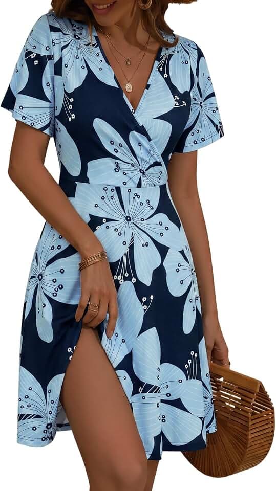 FENSACE Women Sundress Summer Wrap V Neck Flowy Midi Dress