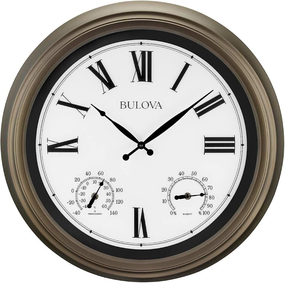 Bulova Vineyard Illuminated Wall Clock C4886 | 22" Matte Bronze Metal Frame with Backlit Dial | Built-in Thermometer & Hygrometer | Battery Operated | Weatherproof Outdoor Décor