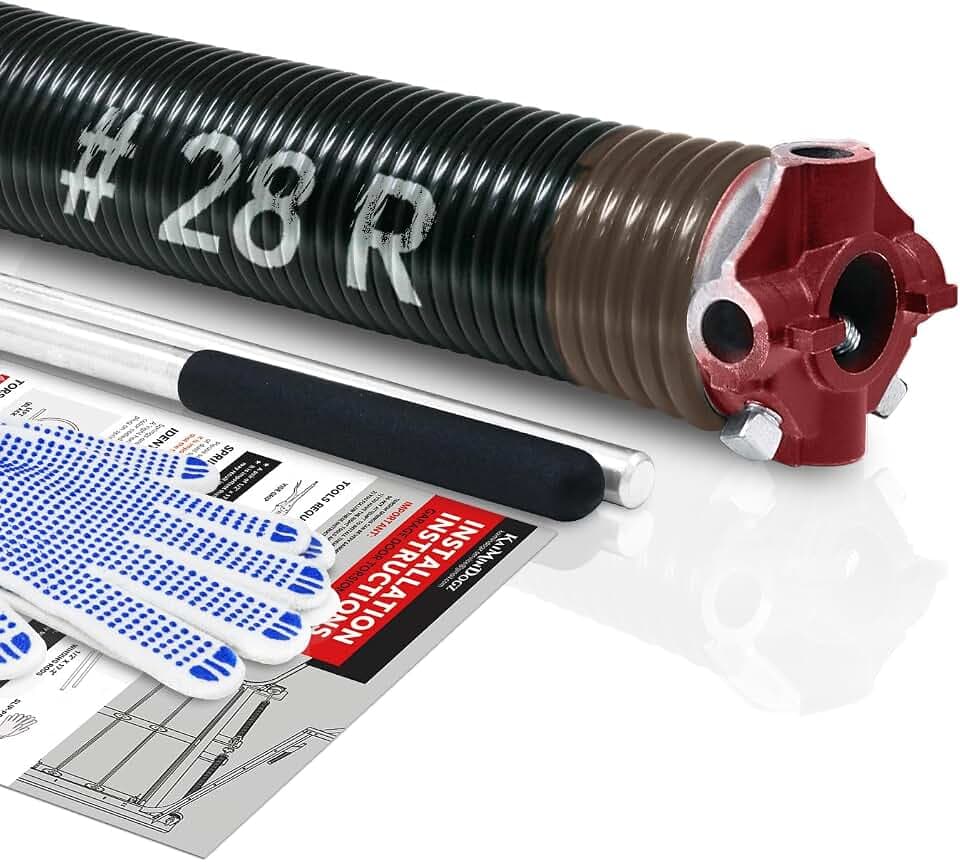 Right Hand Wind (Red Cone) 2" Garage Door Torsion Spring with Non-Slip Winding Bars & Gloves for Replacement, High Precision Electrophoresis Black Coated, MIN 16,000 Cycles (0.234x2"x28")