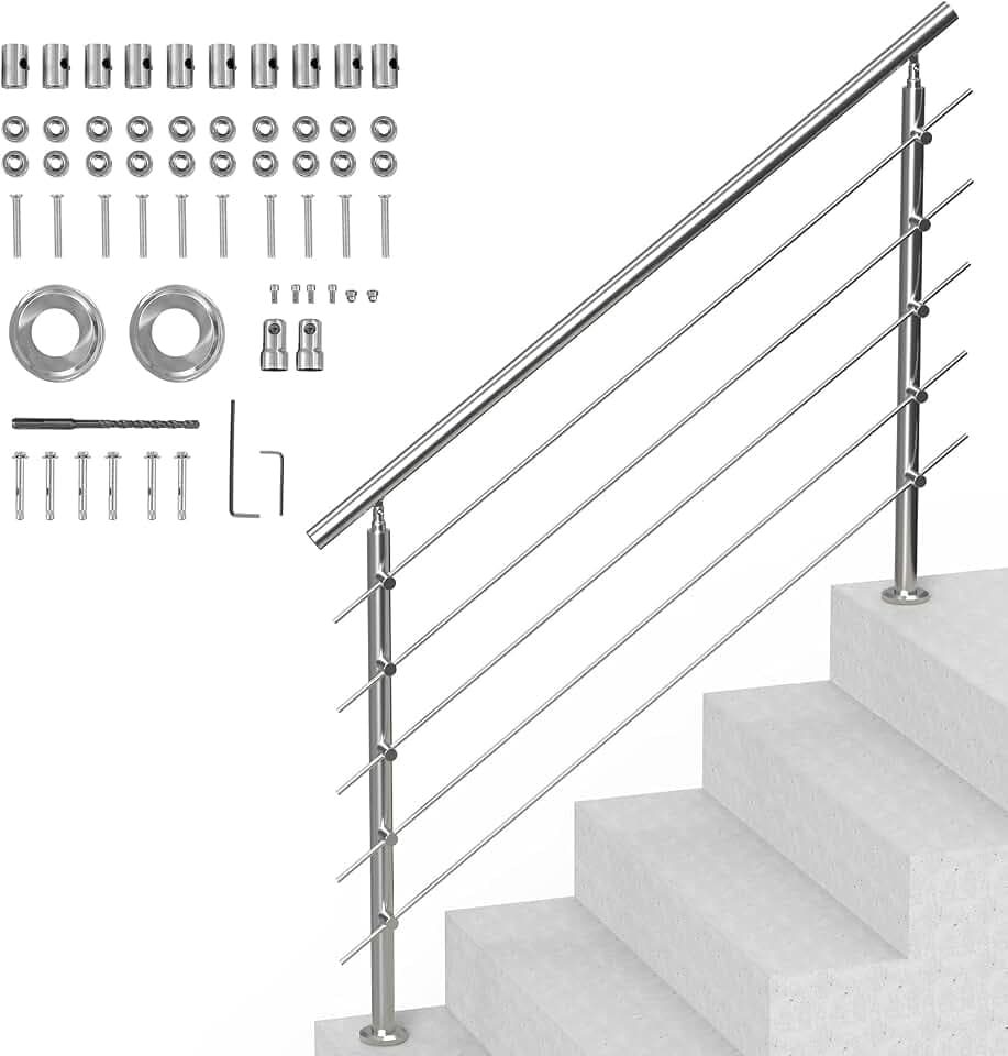 VEVOR Handläufe für Außentreppen, 150 cm Länge, 5 Querstangen, Treppenhandlauf-Set, Übergangsgeländer aus Edelstahl mit Montagesatz, doppelsäulige Treppenhandläufe für Senioren, Veranda und Terrasse