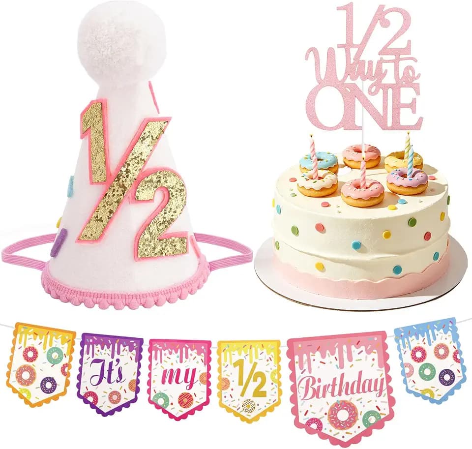 Atoden 1/2 Birthday Girl Hat Half Birthday Decorations Banner Cake Topper