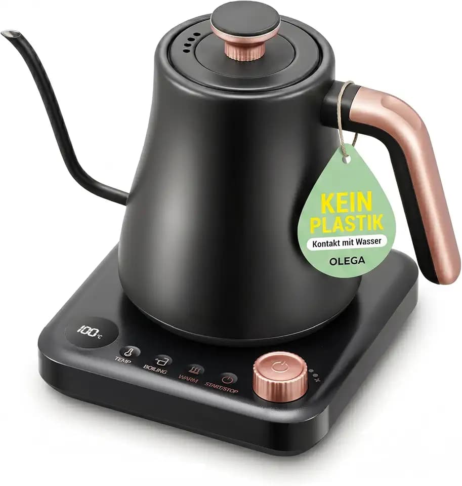 OLEGA wasserkocher schwanenhals: 1200W wasserkocher mit temperatureinstellung, 0.8L Edelstahl schwanenhals wasser kocher, LED-Anzeige & Warmhaltefunktion kettle, Geeignet für Kaffee und Tee, schwarz