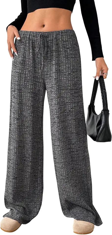 Akiooue Palazzo Damenhose mit weitem Bein, leger, locker gestreift, elastische Taille, Stretchhose mit Kordelzug