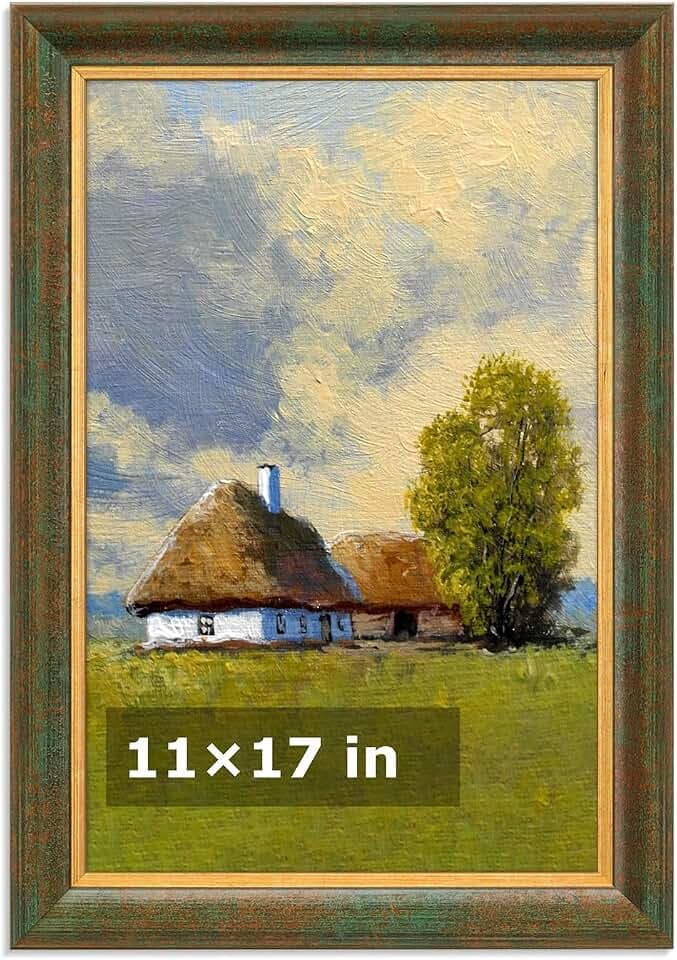 HLiWEGNS Vintage Green 11x17 Frame, Rustic Wood Poster Frame with Gold Lined Edge Finish, Picture Frame 11 x 17 for Photo, Artwork and Home Decor