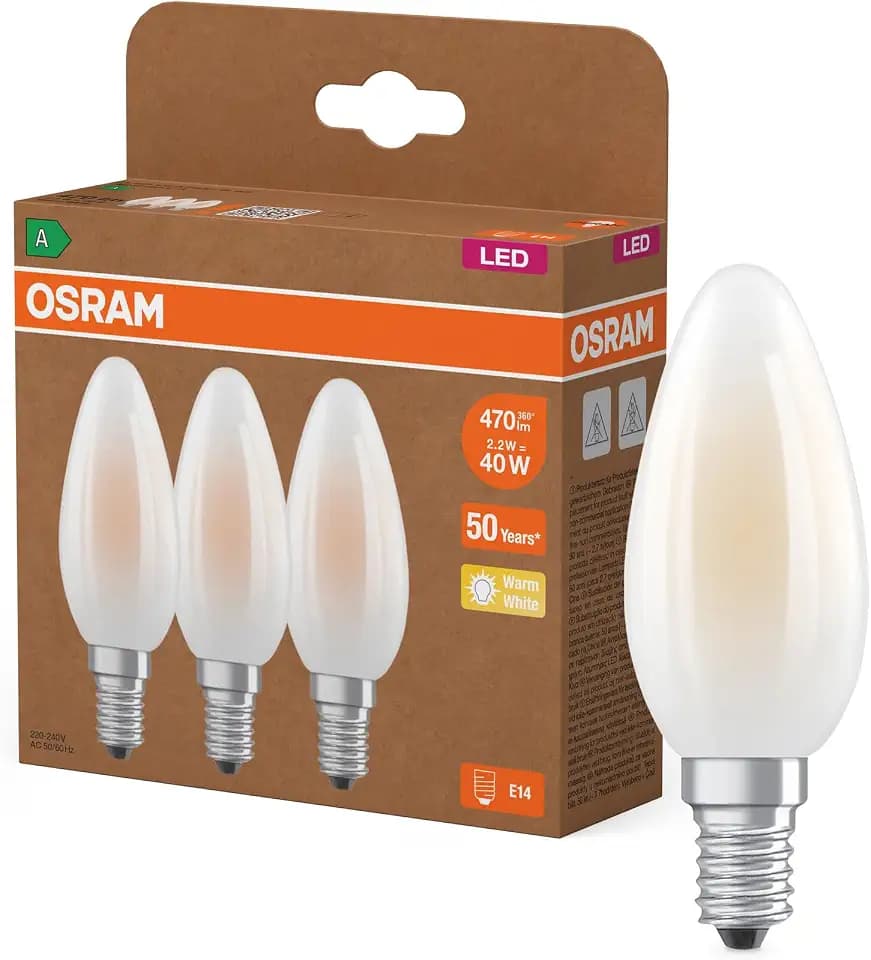 Osram Hocheffiziente LED Lampen mit Energieeffizienz Klasse A, Vorteilspack mit 3 Leuchtmittel, ersetzt herkömmliche 40W Glühbirnen, Kerzenform, warmweiß(2700K), E14, mattes Glas