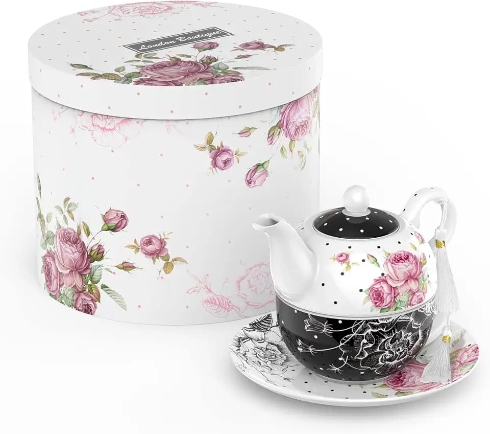 London Boutique Tea for One Teekanne Teetasse Untertasse Set Nachmittagstee Set für 1 New Bone China Vintage Flora Geschenk für Frauen 350 m (Schwarz)