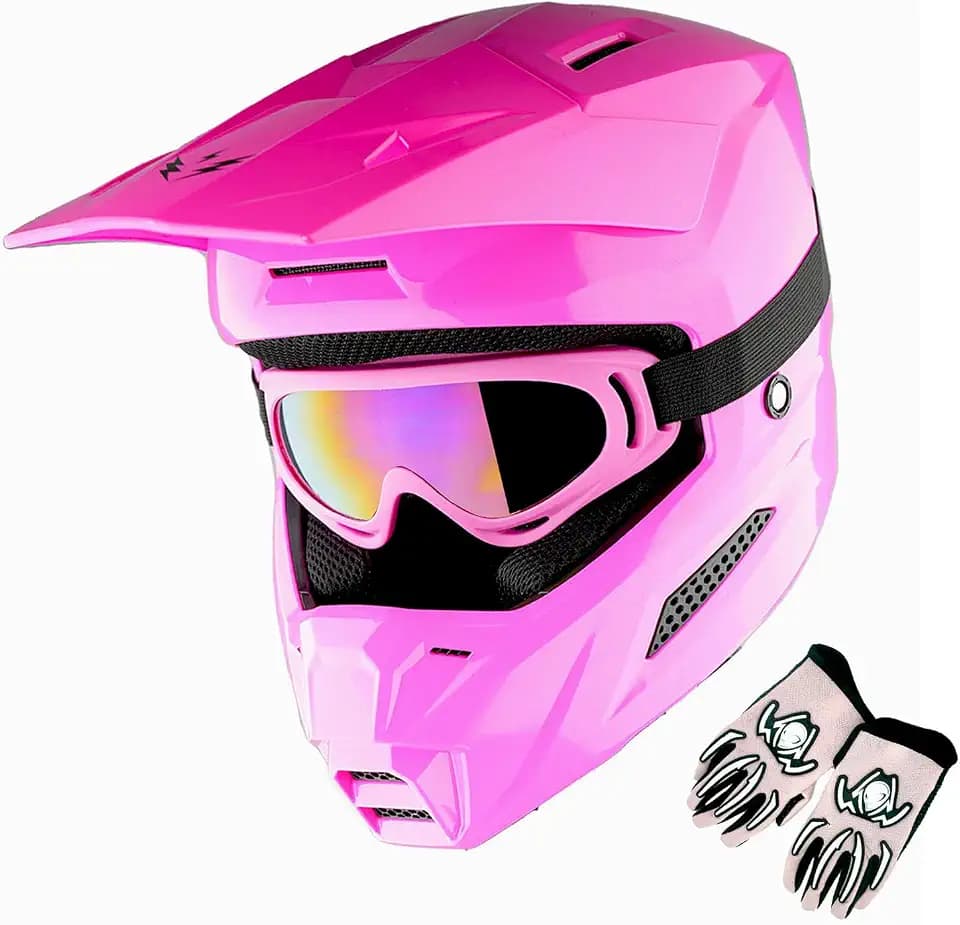1Storm Youth Motocross Helmet ATV BMX MX Dirt Bike Go Kart Skate Kids Helmet Multi Sports Teenager Glossy Pink + Goggles + Gloves Bundle