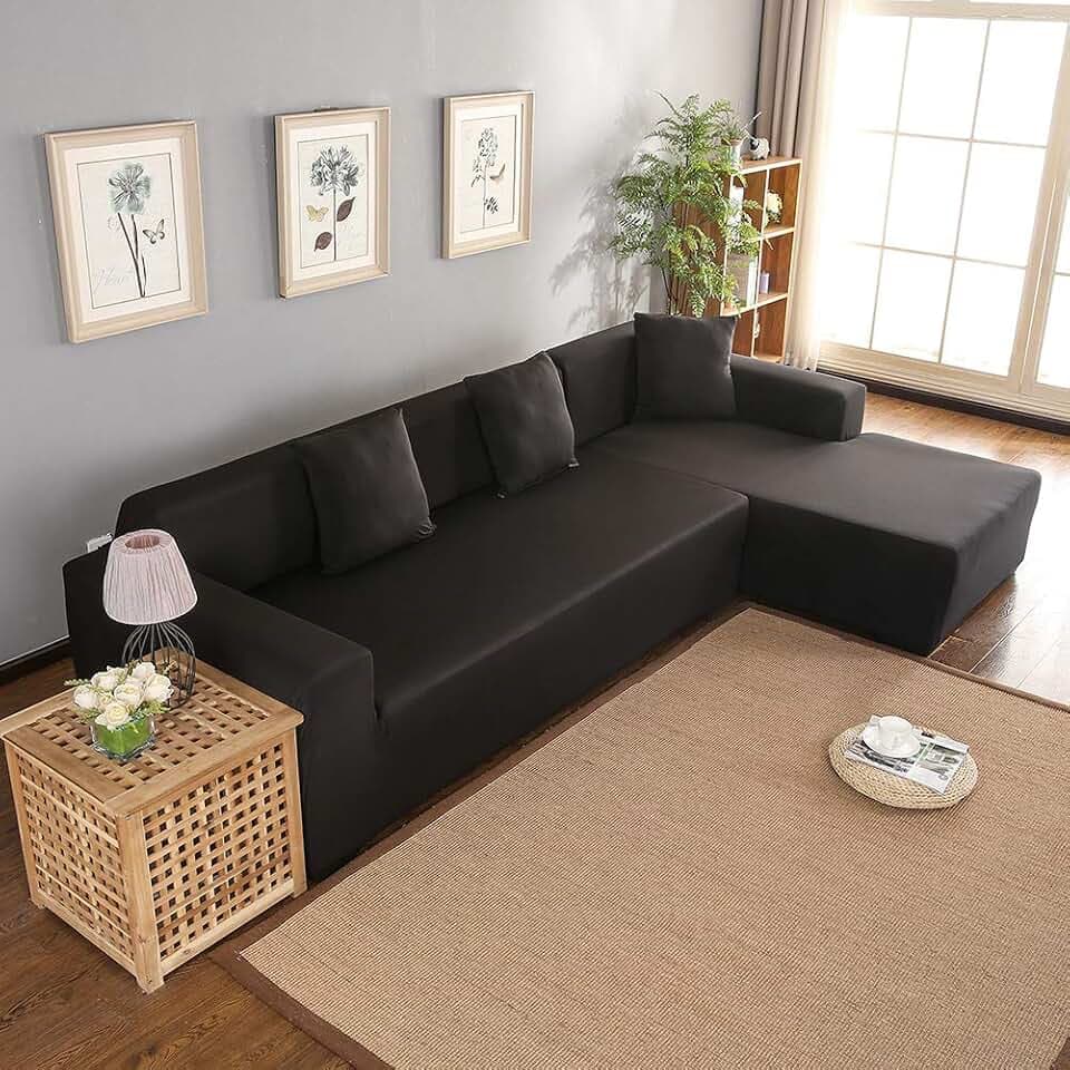 Wakects Sofaüberwurf mit Halbinsel Links/rechts, sofabezug Polyester 3 + 2 Sitzer L-förmiges Ecksofa mit elastische (schwarz)