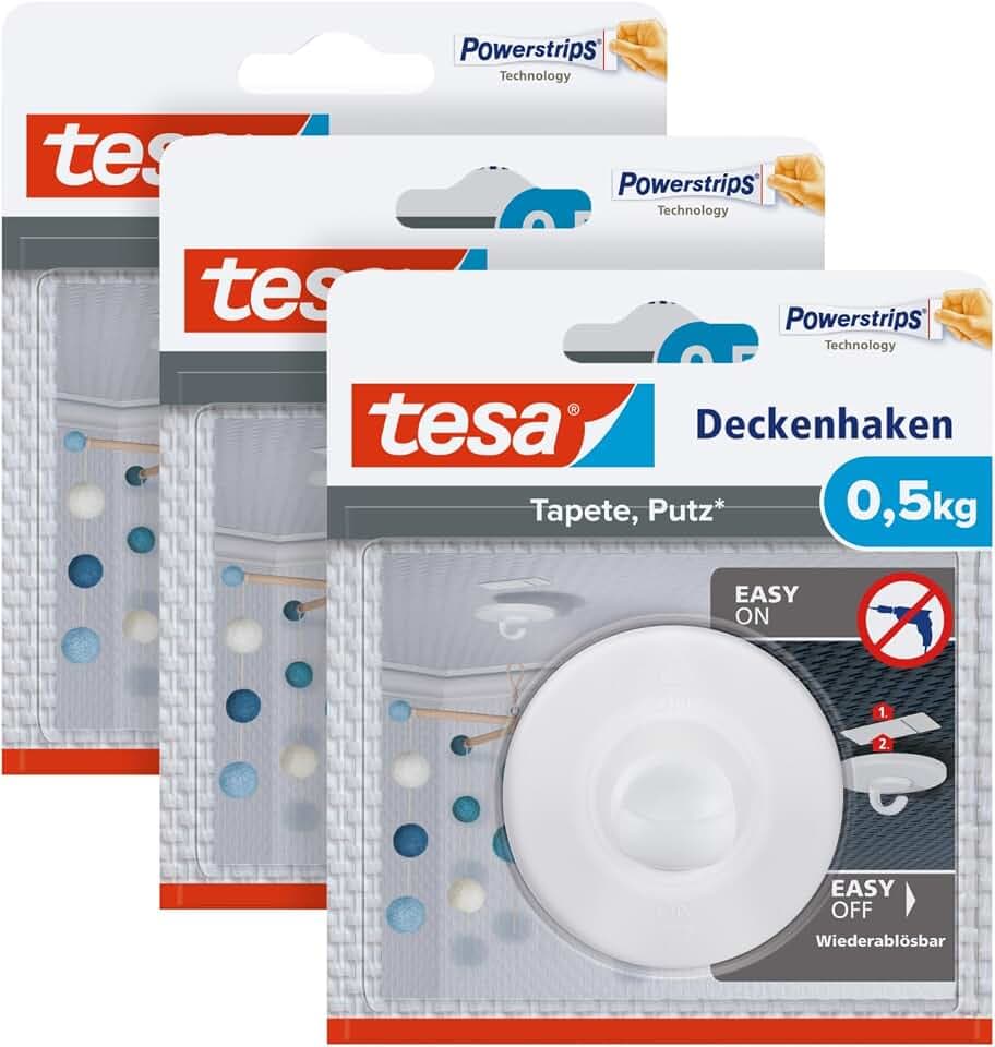 tesa Deckenhaken Tapeten & Putz - 0,5 kg - 3 Haken inkl Powerstrips
