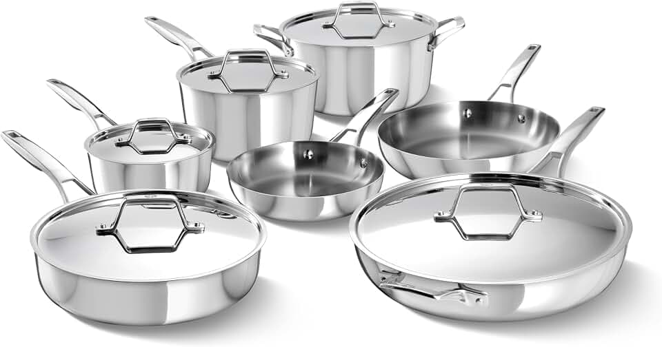 Calphalon Premier Polished 5-Ply Stainless Steel Cookware Set w/Turbo Heat Tech 12 Piece Includes Frying Pans, Pots and Pans Set, Induction, Oven Safe 500F, PFOA Free, Polished Stainless Silver