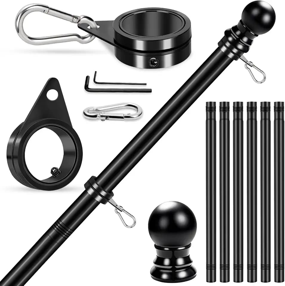 Flag Pole for Outside House Porch Wall Mount, REERON 7 FT No Tangle Stainless Steel Spinning Flagpole Kit with 360° Rotating 1" Metal Flag Pole Rings Clips for 3x5' 4x6' American Flag, Without Bracket