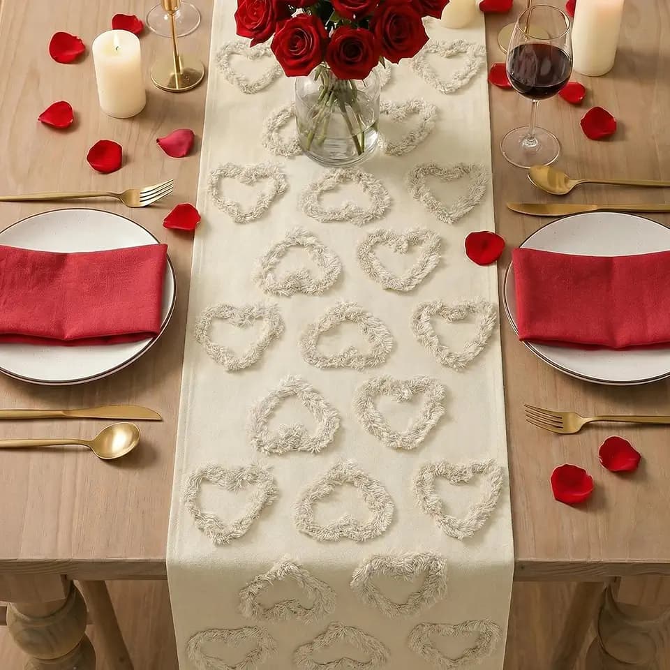 Artoid Mode Beige Soft Plush Heart Valentines Table Runner, Seasonal Partial Tufting Kitchen Dining Table Decoration for Home Party Decor 13x72 Inch