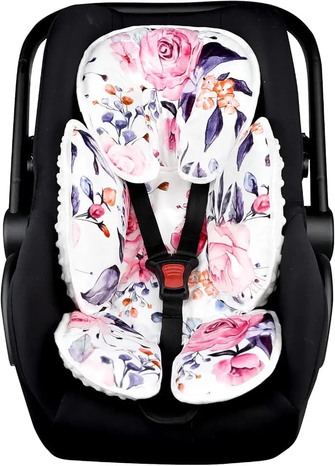 Pea Pod Baby Car Seat Head Support for Newborn, 2 in 1 Infant Car Seat Head Body Support for Girls Extra Soft Breathable Baby Car Seat Cushion Insert for Strollers, Swings, and Bouncers, Pink Floral