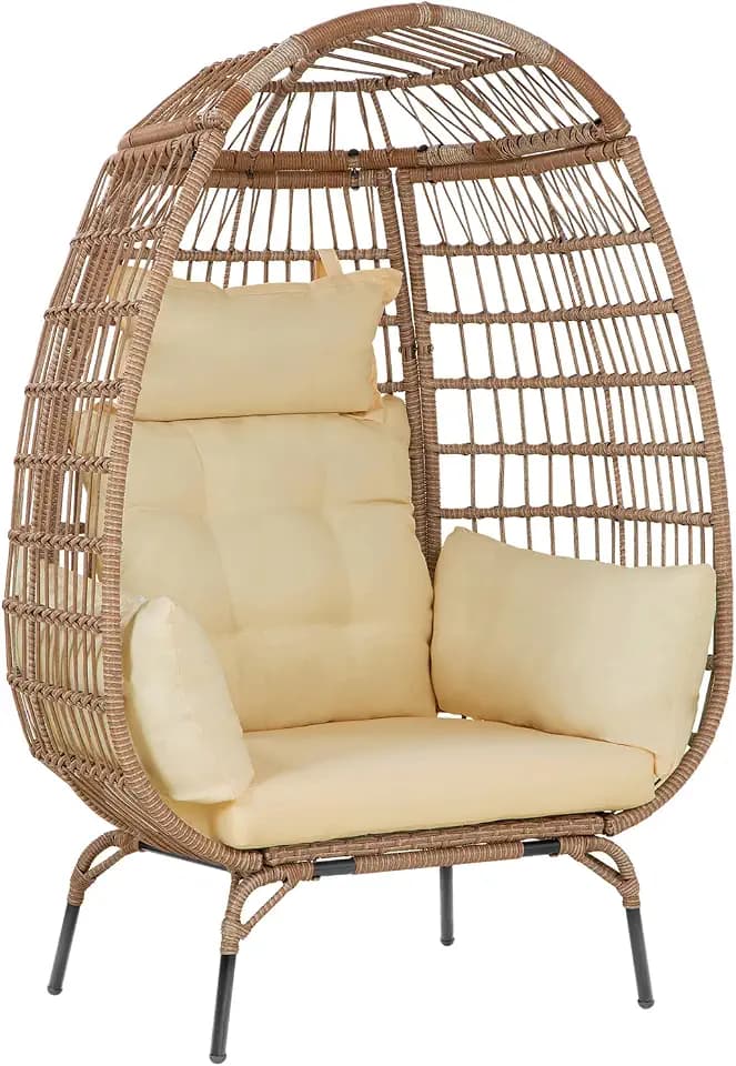 Oversized Egg Chair Outdoor Wicker Egg Chair 352lbs Capacity Outdoor Lounge Chair All Weather PE Rattan Patio Chair with Removeable Thick Cushions for Patio Balcony Backyard Garden Indoor, White