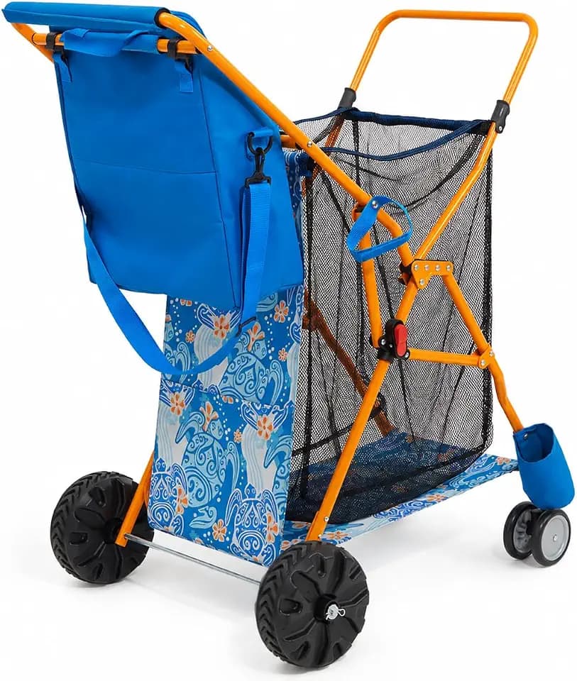 Old Bahama Bay Beach Cart with Large Wheels for Sand, Wide Wheelbase Beach Wagon with Insulated Cooler Bag, Body Board and Umbrella Holder | 100lb Capacity