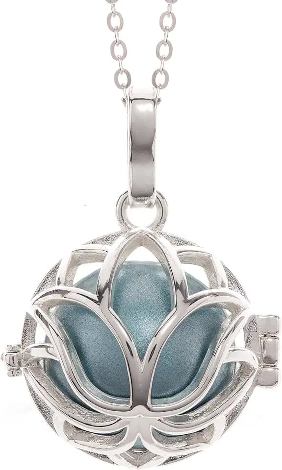 PYA "Schutzblume" Engelsrufer Kette mit Anhänger und Klangkugel aus 925 Sterling Silber 45cm in Türkis | Pick Your Angel - Spiritueller Schmuck für Damen mit Lotus Blumen Kettenanhänger und Halskette.