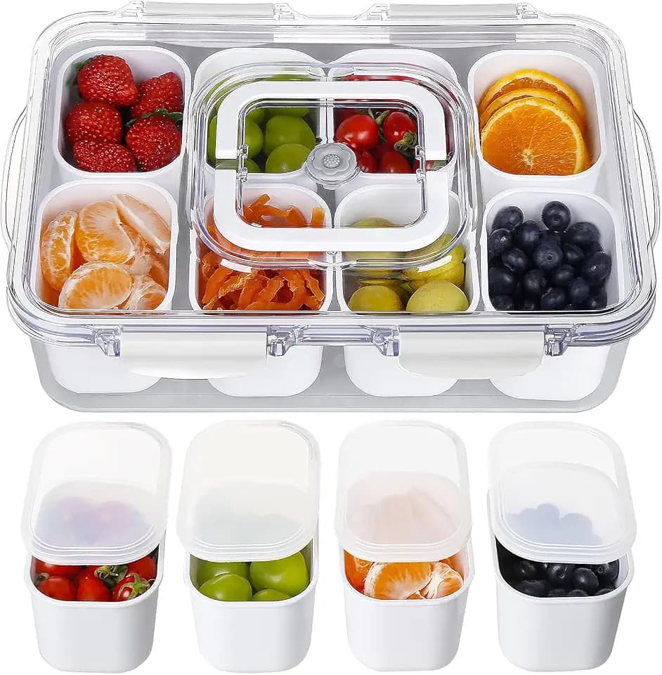 Greentainer Snack Schalen Dish mit Deckel |Servierplatte Set mit 8 Schalen- Wiederverwendbar Servierschalen & Auslaufsicher Serving Tray-Quadrat Snack Teller für Veggie Obst Candy Gemüse| Weiß