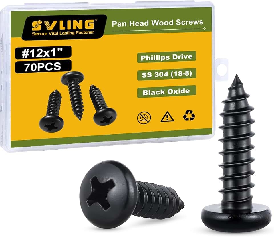 #12 x 1 Pan Head Wood Screws, 70PCS Pan Head Self Tapping Sheet Metal Screws, Black Oxide Stainless Steel 304 (18-8), Phillips Drive