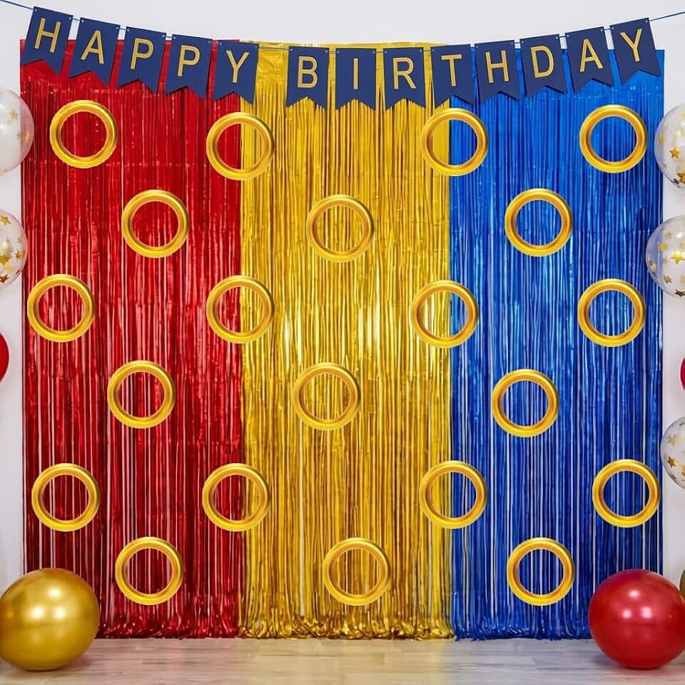 Hedgehog Birthday Party Decoration, Gold Red Blue Tinsel Foil Fringe Curtains and Happy Birthday Foil Banner