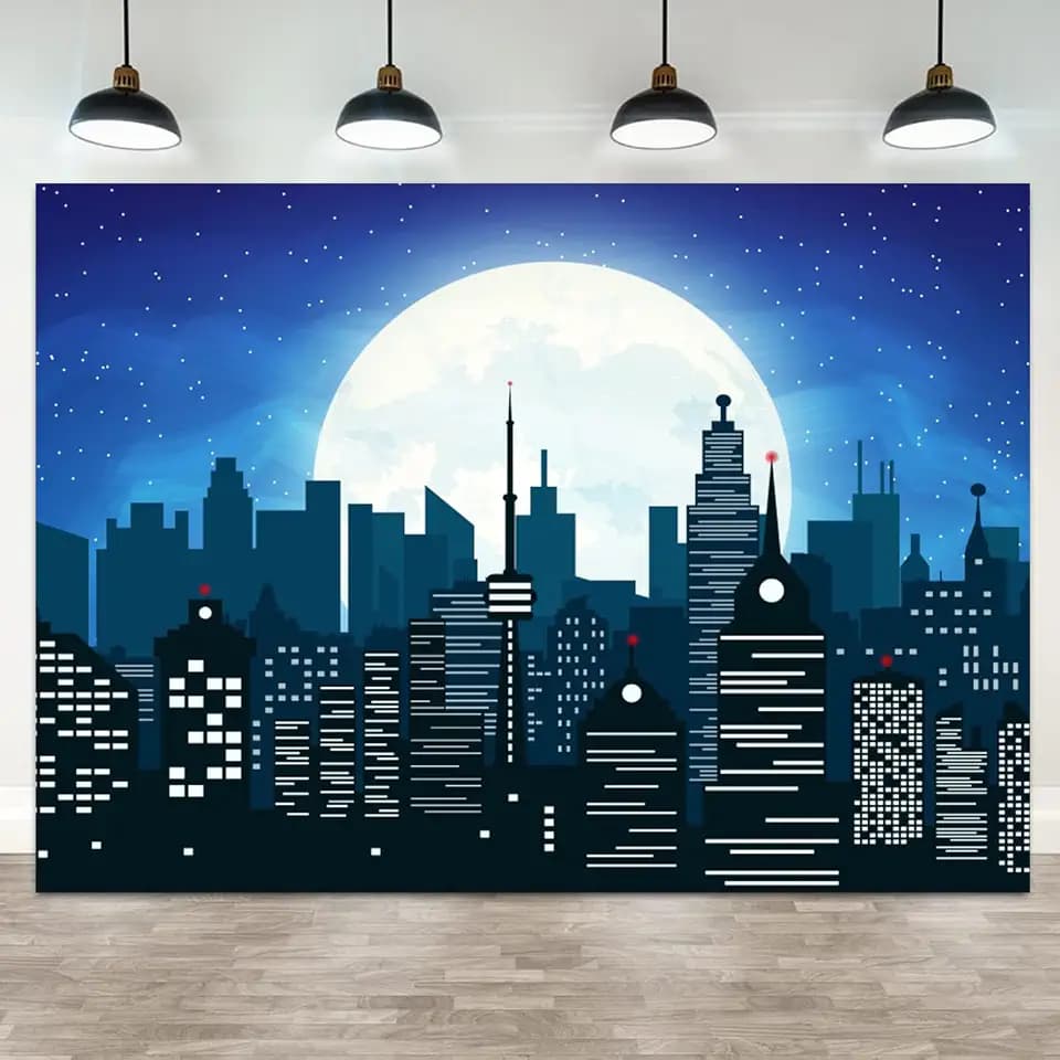 5x3ft Cartoon Super City Backdrop for Super City Themed Party Photography Background Skyline City Kids Birthday Banner Decorations Urban Night Moon City Buildings Portrait Photo Booth Prop