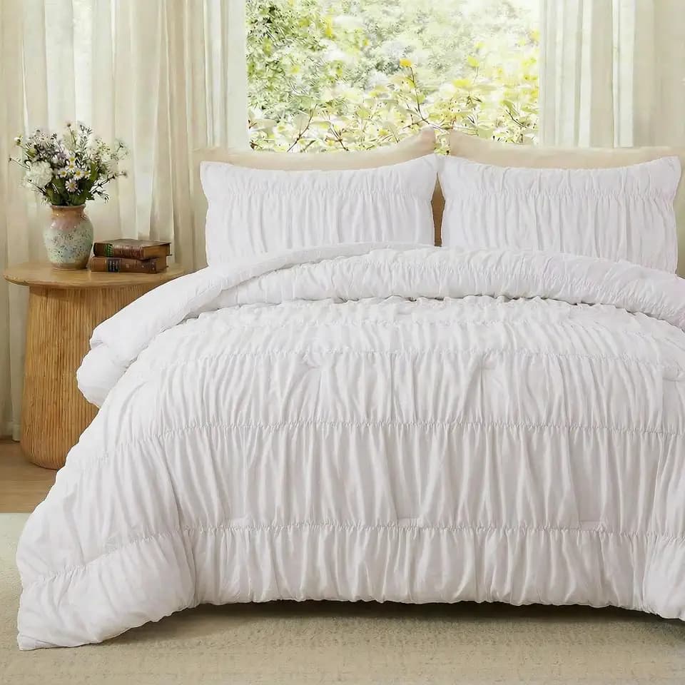 Bedbay White Ruched Duvet Cover Set King Size,100% Cotton Boho Bedding Set, Soft Textured Comforter Cover with Zipper & Corner Ties, Cozy Bedroom & Dorm Room Bedding Set 3 Pieces