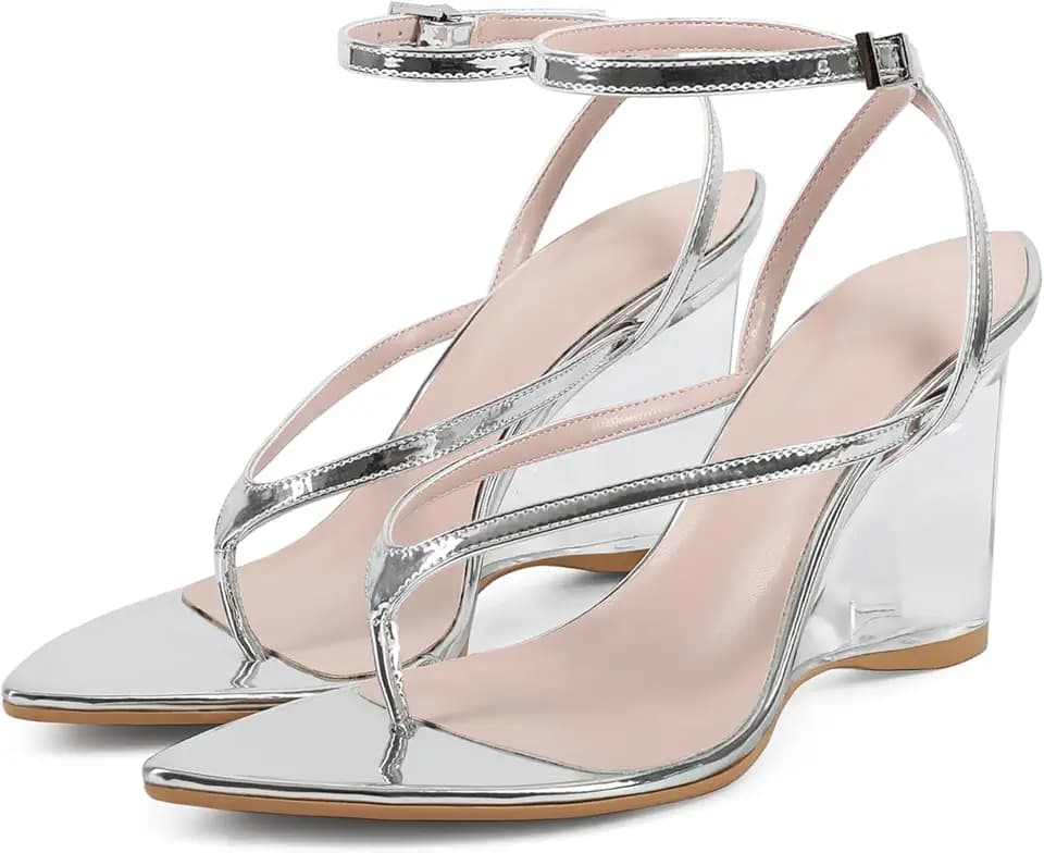 Women's Wedge Heels Sandals Strappy Flip Flops Thong Clear Heeled Sandals