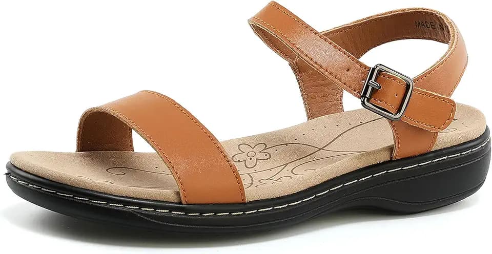Women's Classic Flat Sandals Leather Open Toes Memory Foam One Band Ankle Strap Adjustable Slip On Shoes