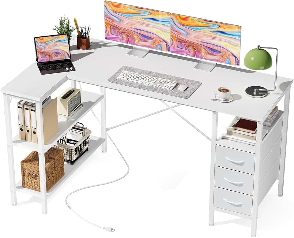 DUMOS L Shaped Desk with Drawers, Gaming Desk, 55 Inch